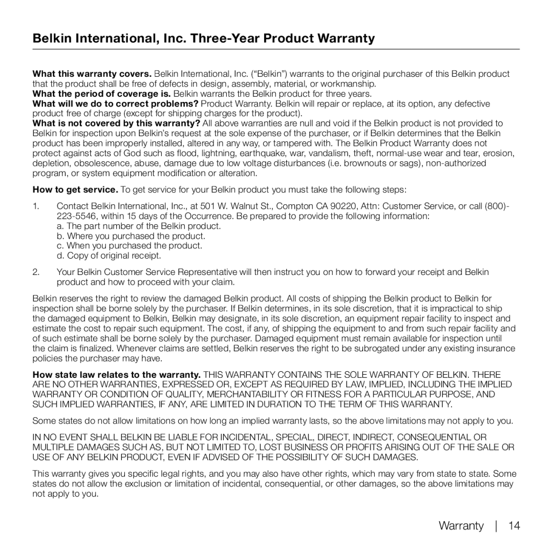 Belkin P75824-C manual Belkin International, Inc. Three-Year Product Warranty 