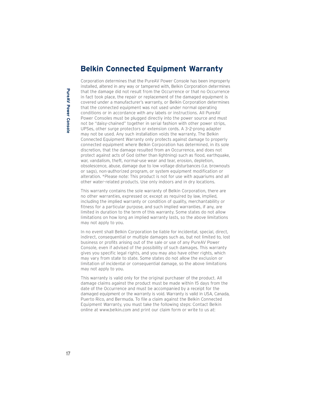 Belkin PF30 user manual Belkin Connected Equipment Warranty 