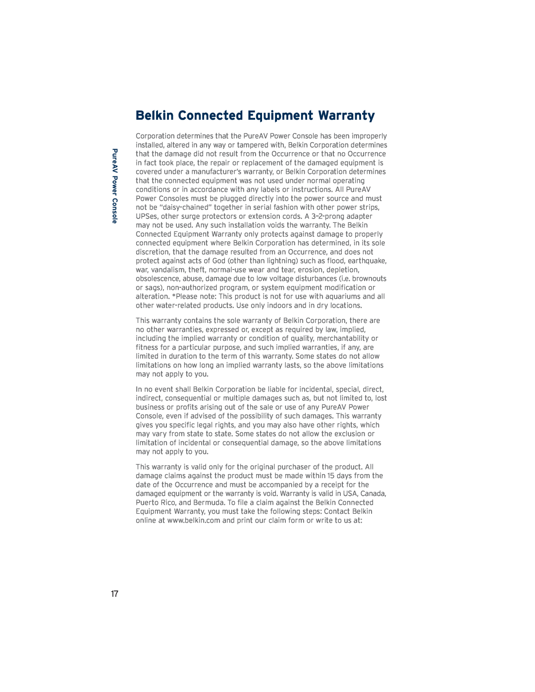Belkin PF30 user manual Belkin Connected Equipment Warranty, PureAV Power Console 