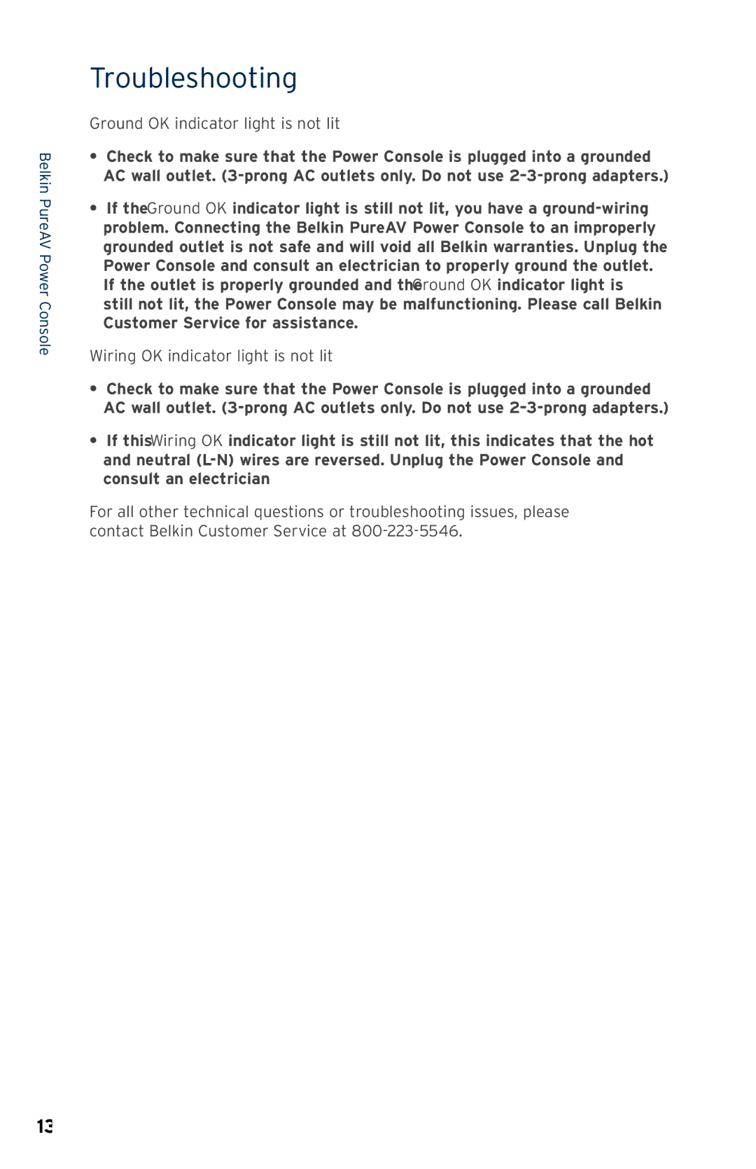 Belkin PF31 user manual Ground OK indicator light is not lit, Wiring OK indicator light is not lit 
