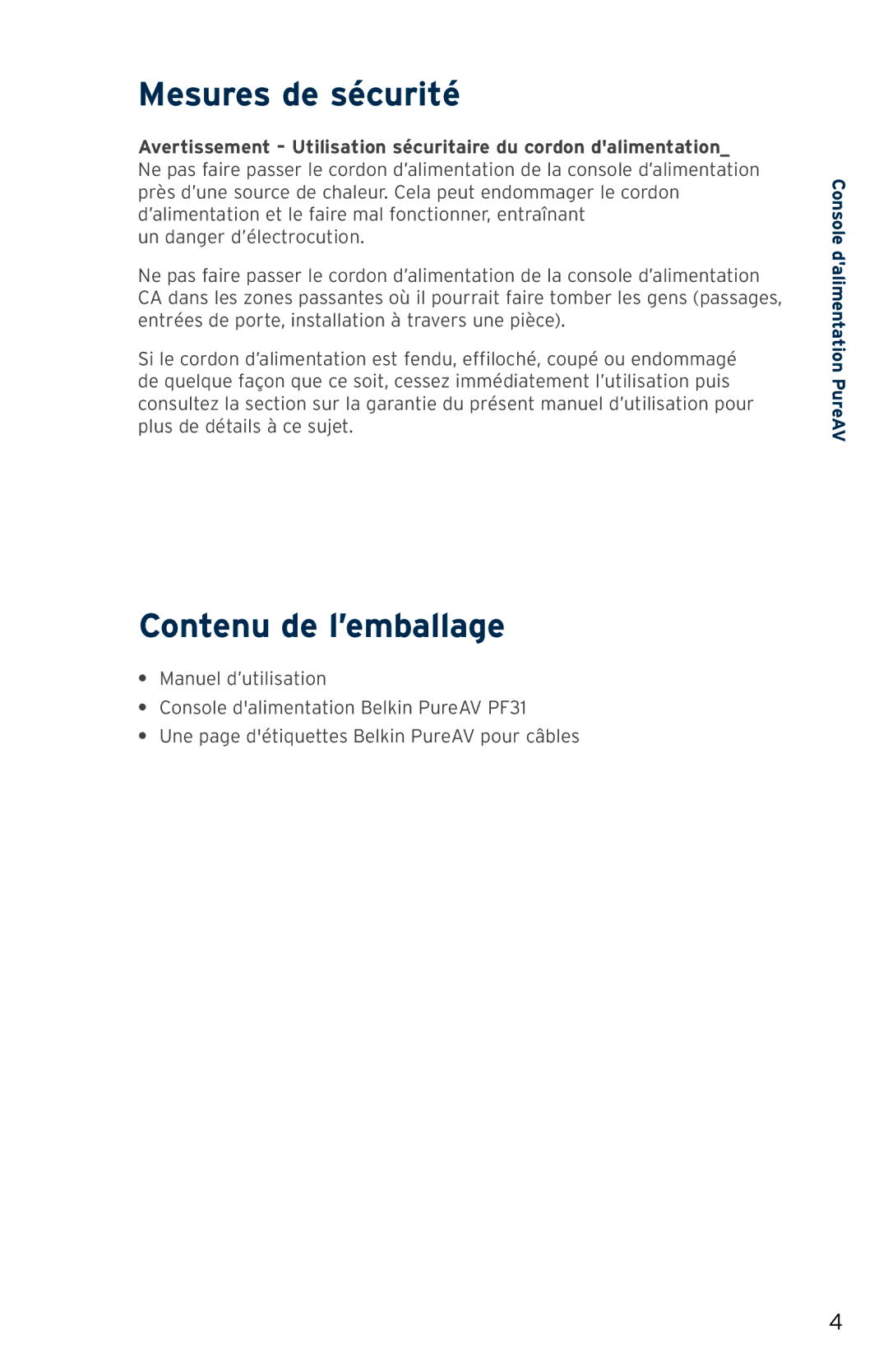 Belkin PF31 user manual Contenu de l’emballage 