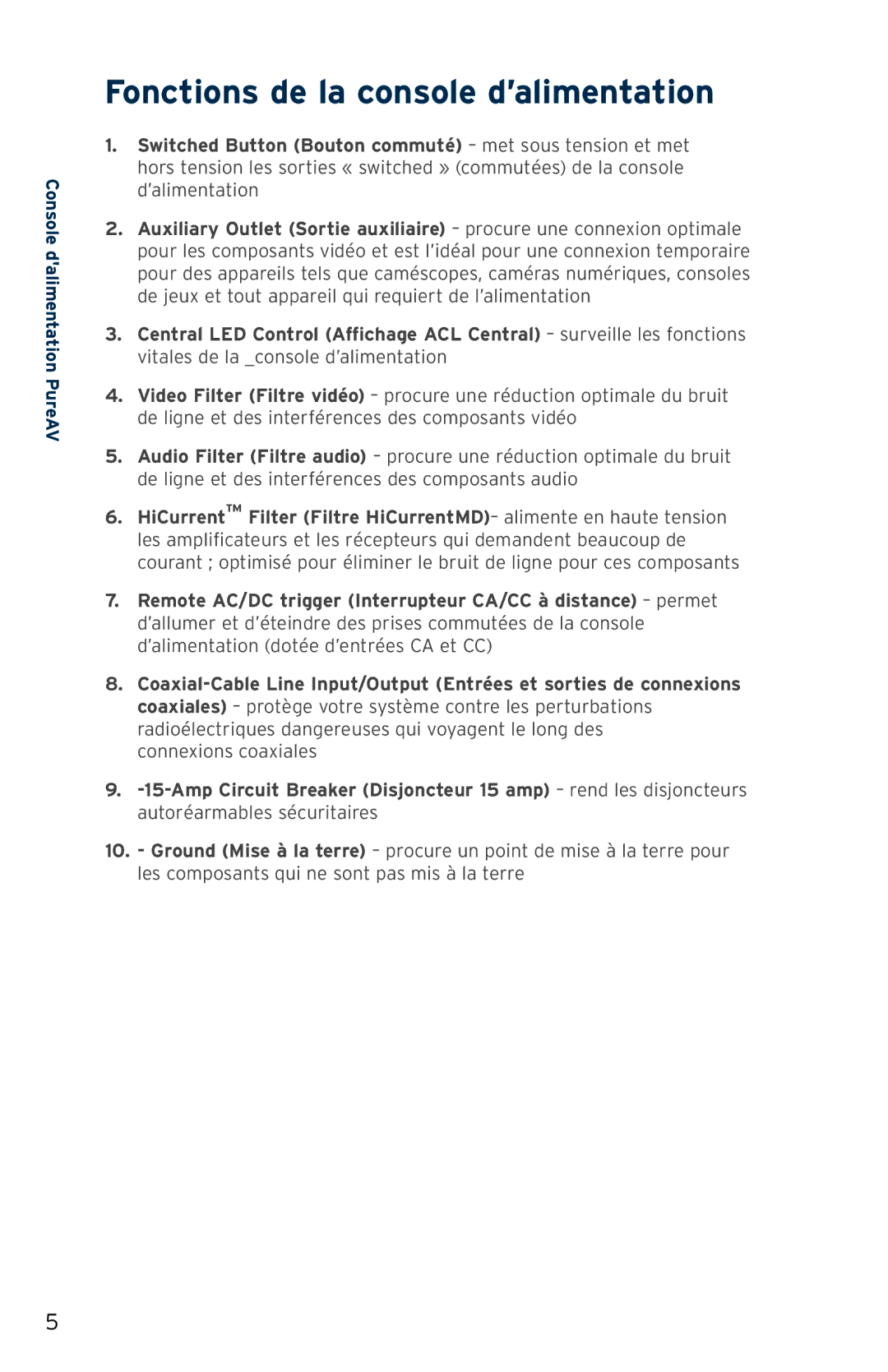 Belkin PF31 user manual Fonctions de la console d’alimentation 