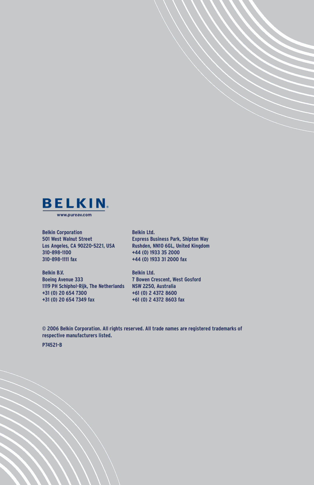 Belkin PF30L, PF31L, PF40L user manual Belkin Corporation West Walnut Street 