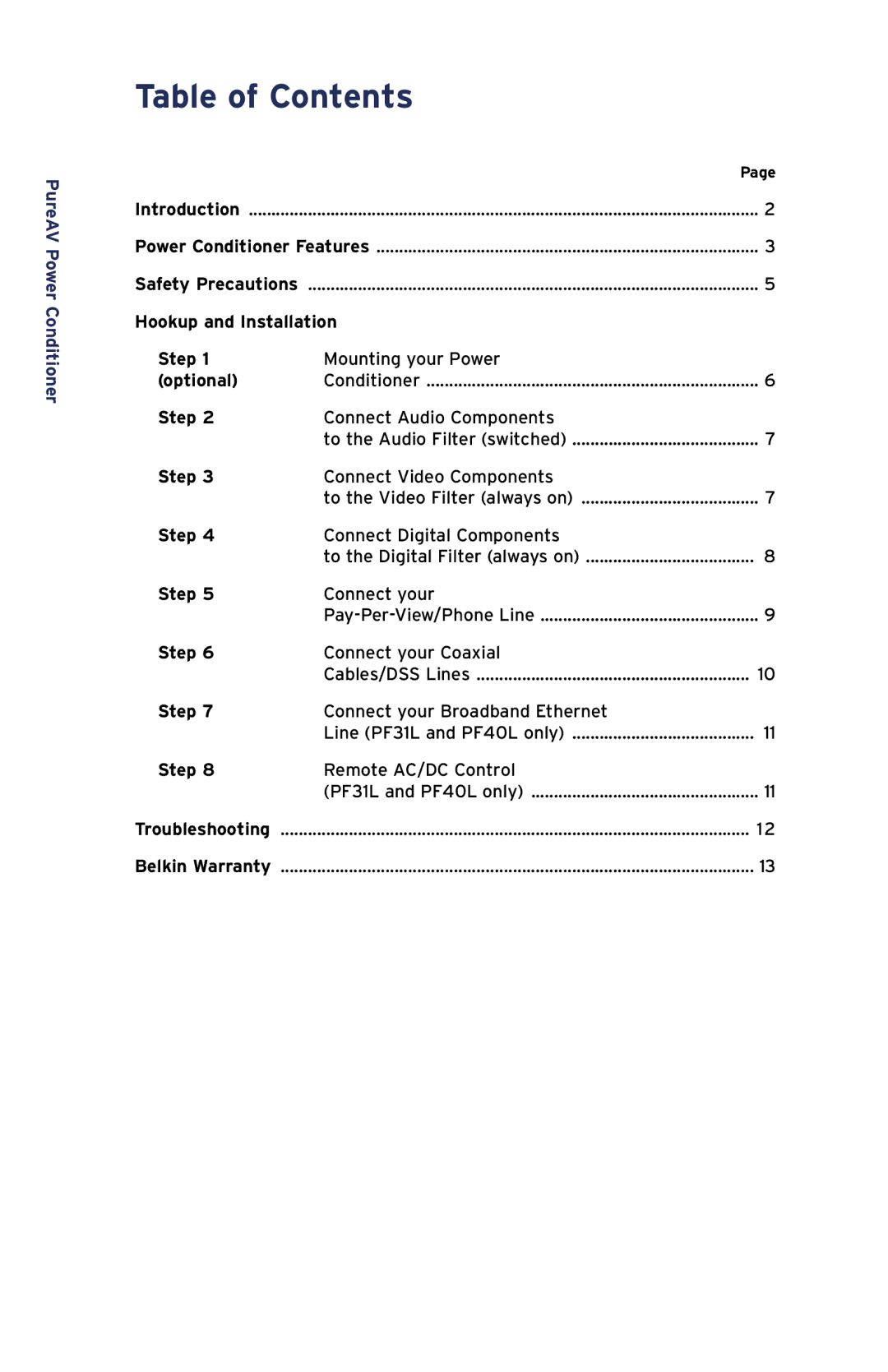 Belkin PF40L, PF31L, PF30L user manual Table of Contents 