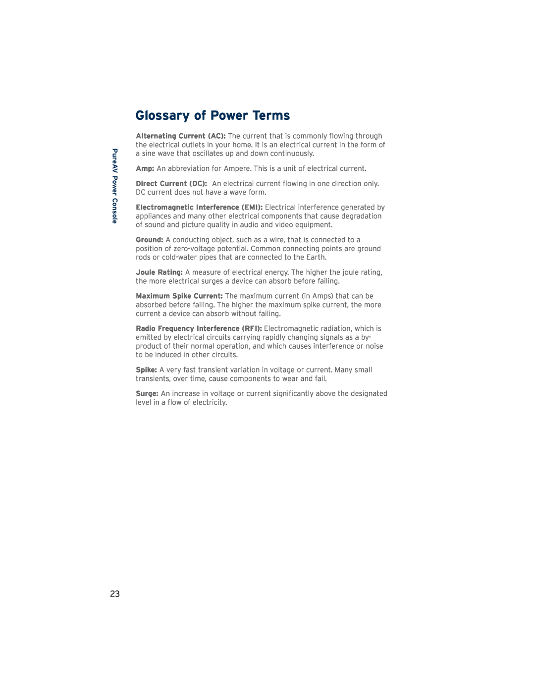 Belkin PF60, AP41300-12 user manual Glossary of Power Terms, PureAV Power Console 