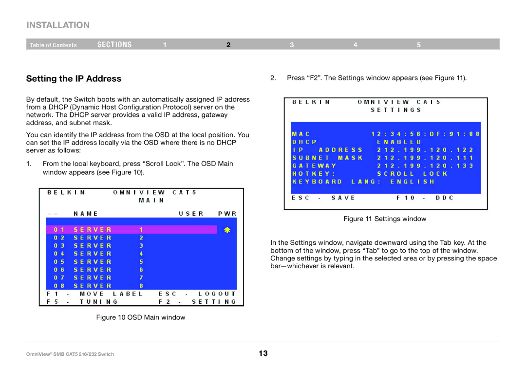 Belkin PM00019 -F1DP2XXA manual Setting the IP Address, OSD Main window 