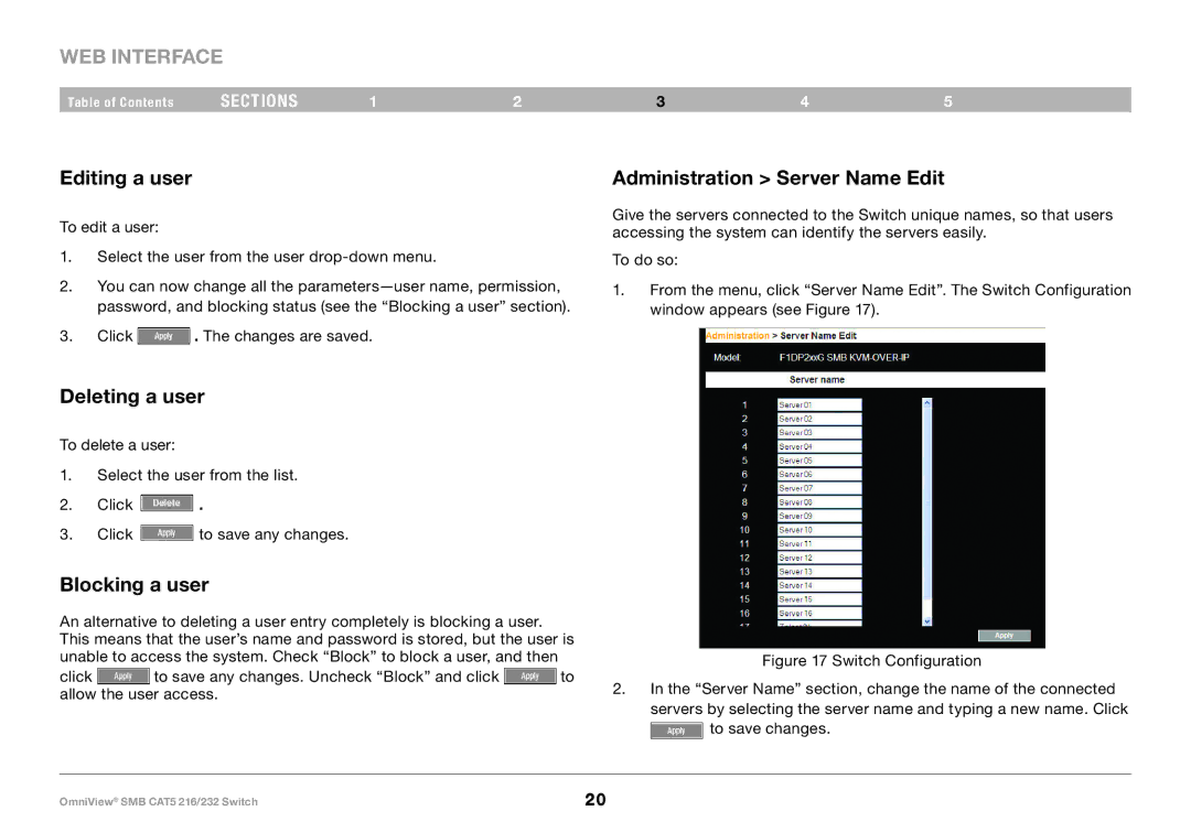 Belkin PM00019 -F1DP2XXA manual Editing a user, Deleting a user, Blocking a user, Administration Server Name Edit 