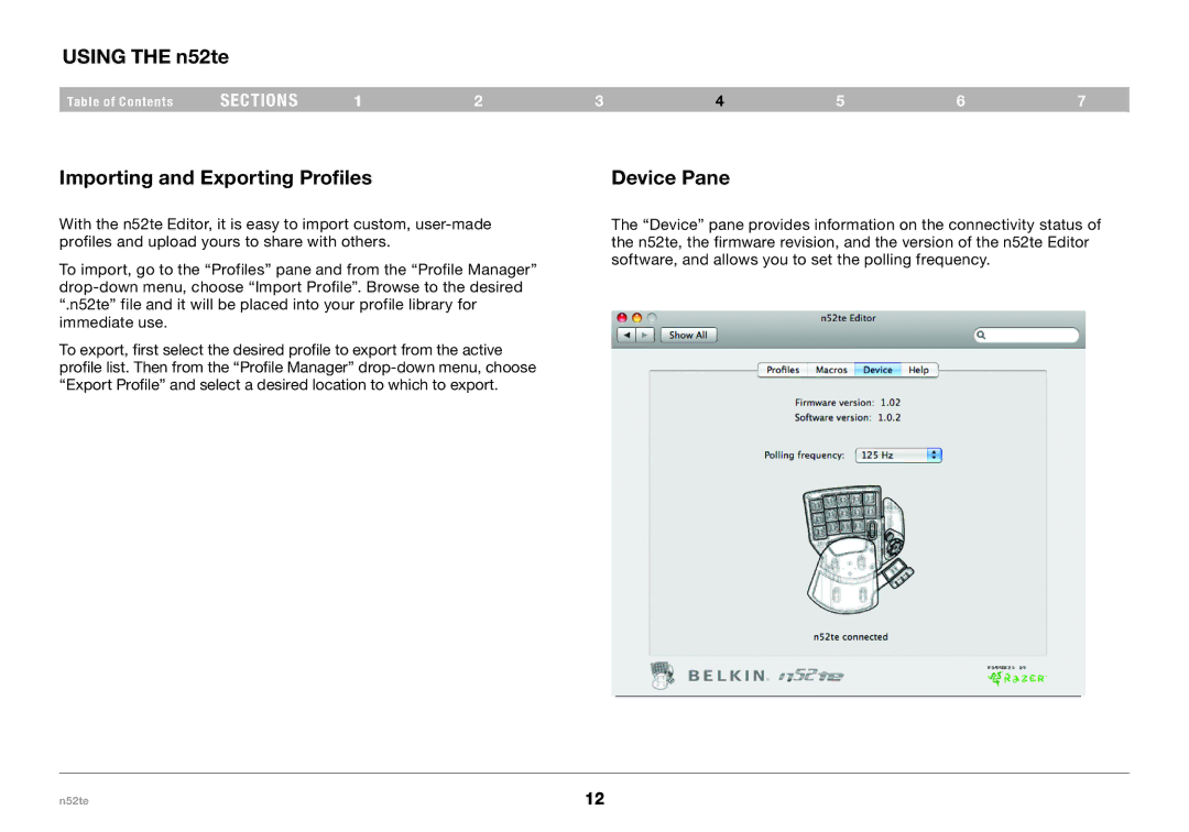 Belkin PM00173, F8GFPC200 user manual Using the n52te, Importing and Exporting Profiles, Device Pane 