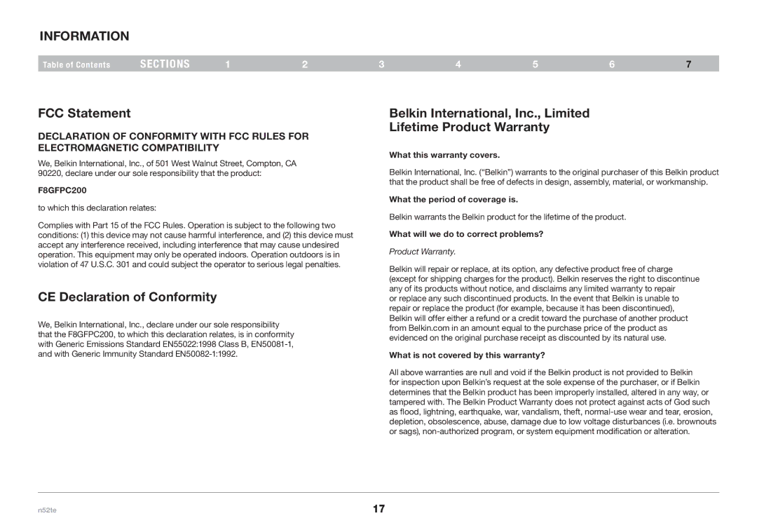 Belkin F8GFPC200, PM00173 user manual FCC Statement, CE Declaration of Conformity 