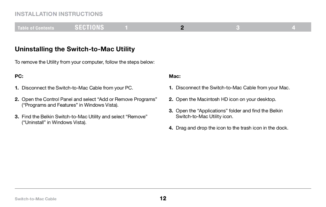 Belkin PM00760-A F4U001 manual Uninstalling the Switch-to-Mac Utility 