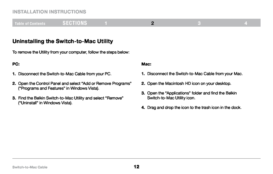 Belkin PM00760-A F4U001 manual Uninstalling the Switch-to-Mac Utility, sections, Installation Instructions 
