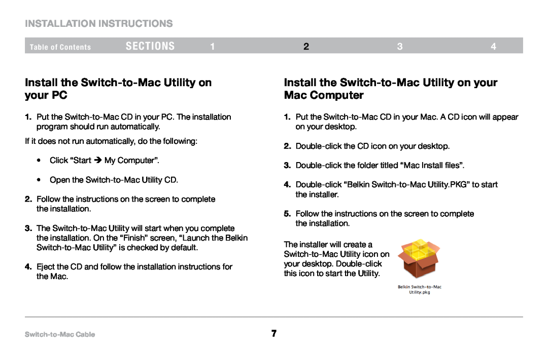 Belkin PM00760-A F4U001 manual Install the Switch-to-Mac Utility on your PC, Installation Instructions, sections 