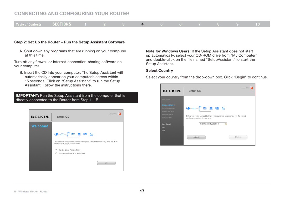 Belkin PM00781EA F5D8635-4 user manual Set Up the Router Run the Setup Assistant Software, Select Country 