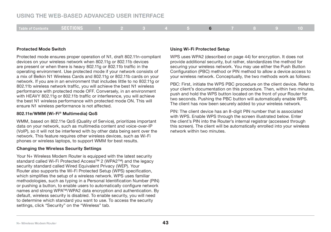 Belkin PM00781EA F5D8635-4 user manual Protected Mode Switch Using Wi-Fi Protected Setup, 802..11e/WMM Wi-FiMultimedia QoS 