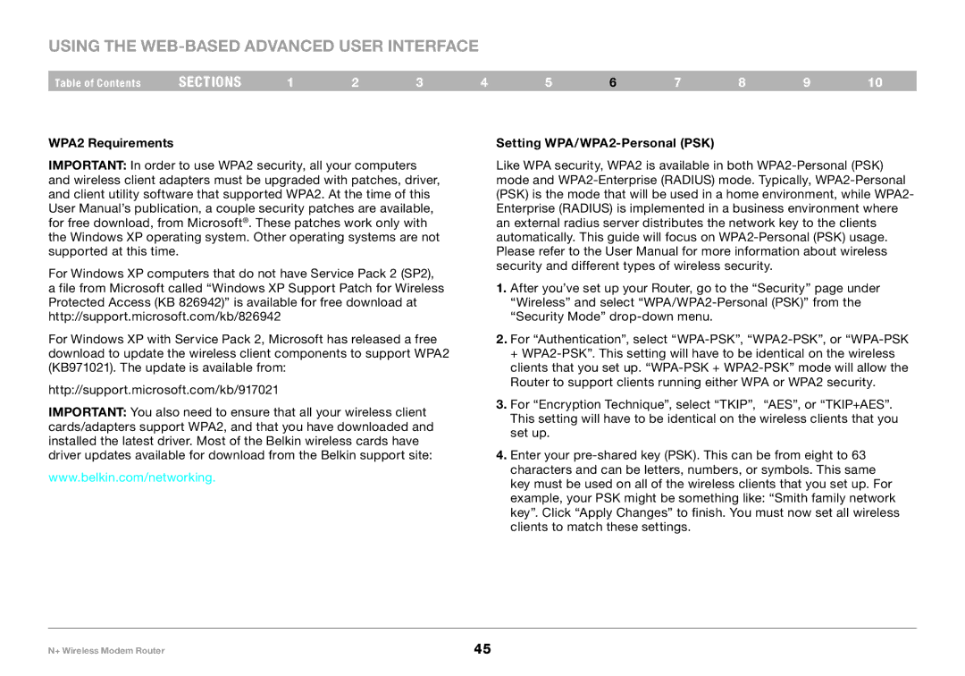 Belkin PM00781EA F5D8635-4 user manual WPA2 Requirements, Setting WPA/WPA2-Personal PSK 