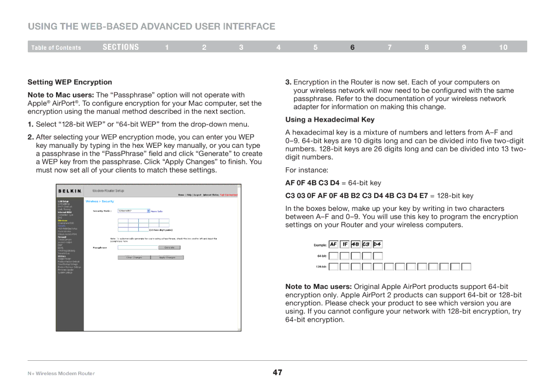 Belkin PM00781EA F5D8635-4 user manual Setting WEP Encryption, Using a Hexadecimal Key 