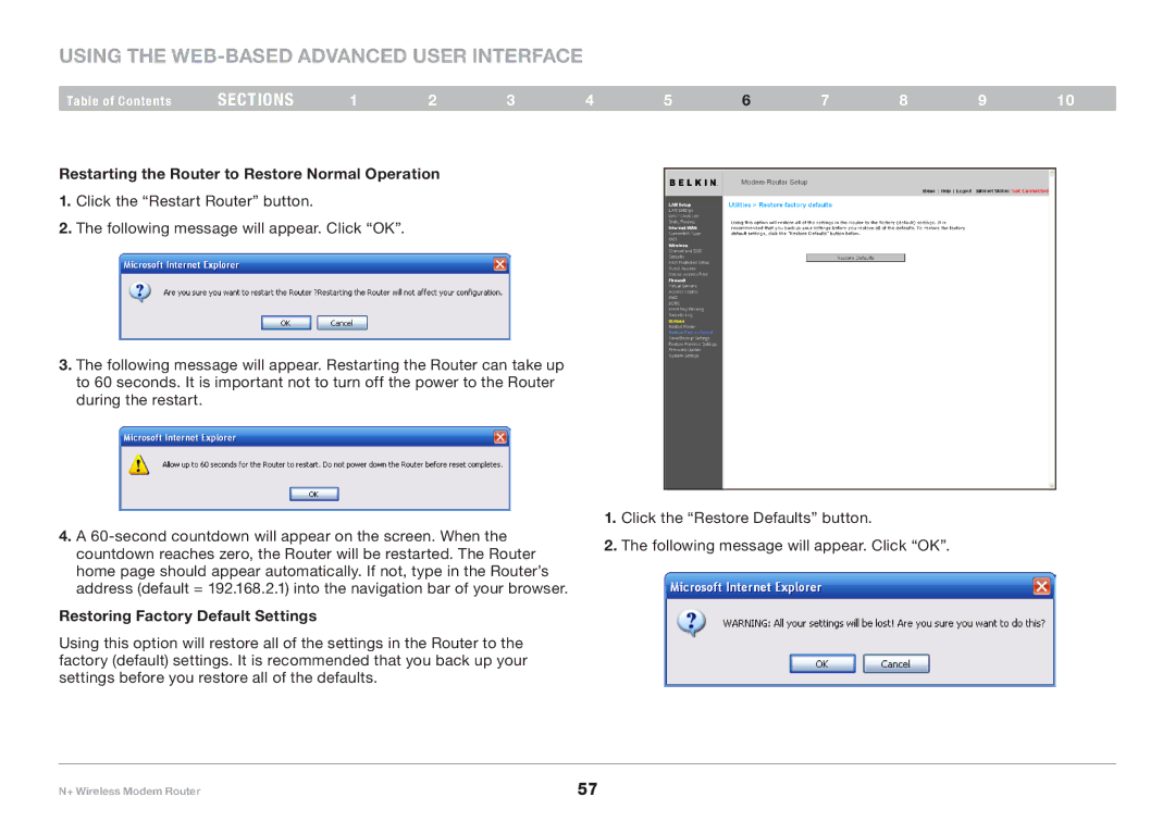 Belkin PM00781EA F5D8635-4 Restarting the Router to Restore Normal Operation, Restoring Factory Default Settings 
