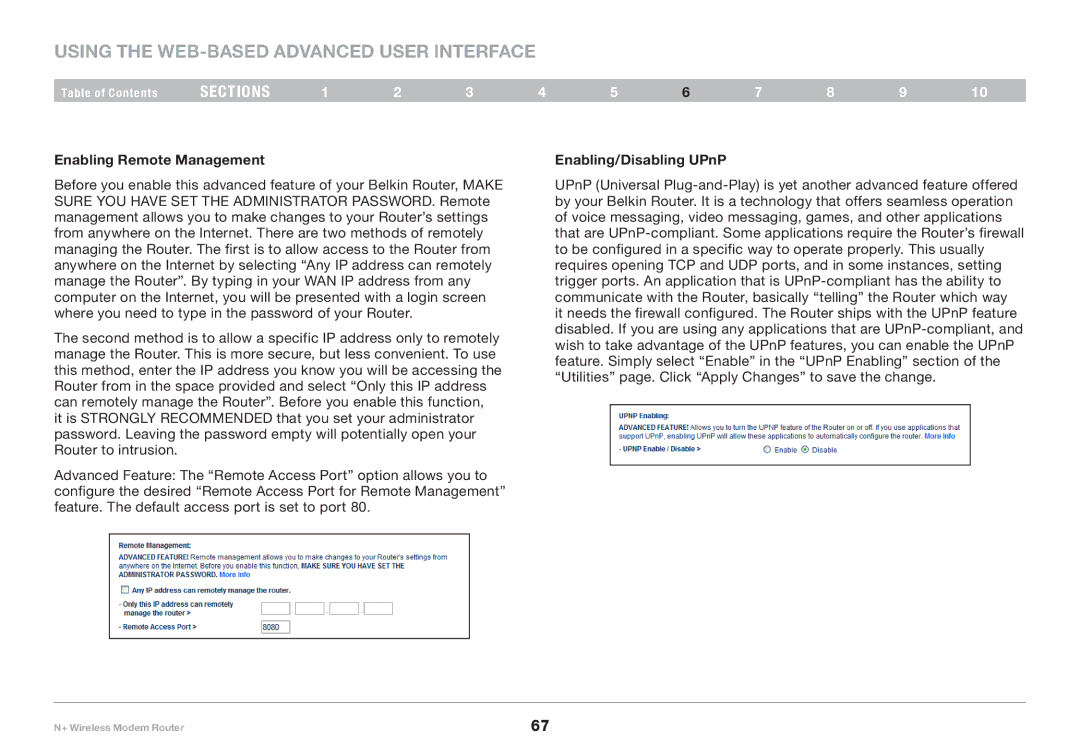 Belkin PM00781EA F5D8635-4 user manual Enabling Remote Management Enabling/Disabling UPnP 