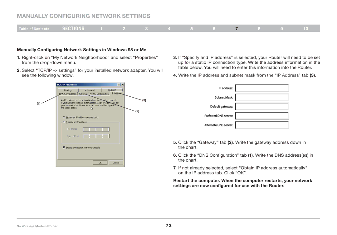 Belkin PM00781EA F5D8635-4 user manual Manually Configuring Network Settings in Windows 98 or Me 