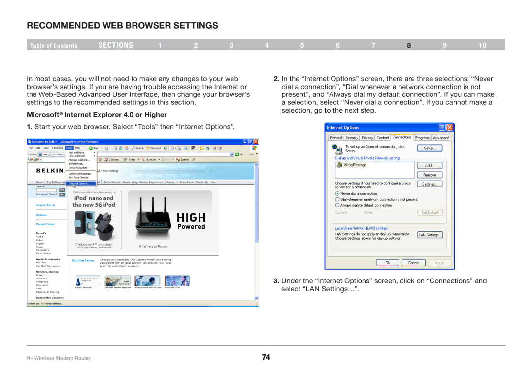 Belkin PM00781EA F5D8635-4 user manual Recommended Web Browser Settings, Microsoft Internet Explorer 4..0 or Higher 