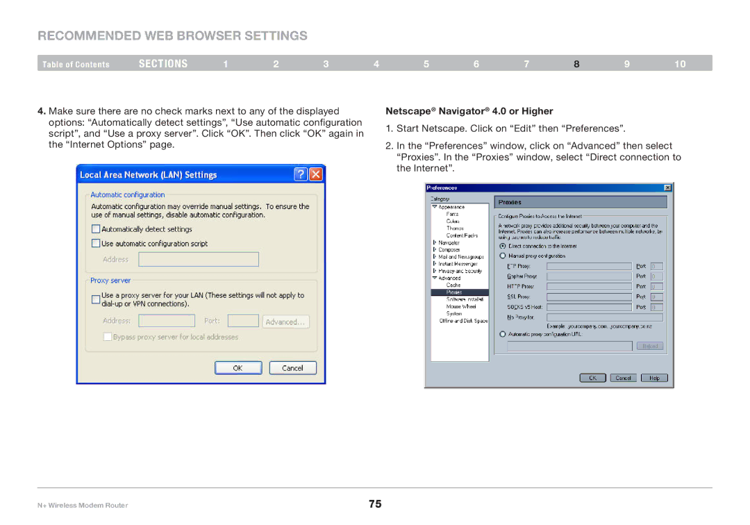 Belkin PM00781EA F5D8635-4 user manual Recommended Web Browser Settings, Netscape Navigator 4..0 or Higher 