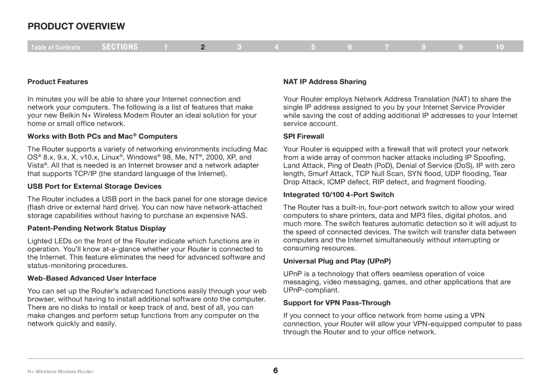 Belkin PM00781EA F5D8635-4 user manual Product Overview, Product Features NAT IP Address Sharing 