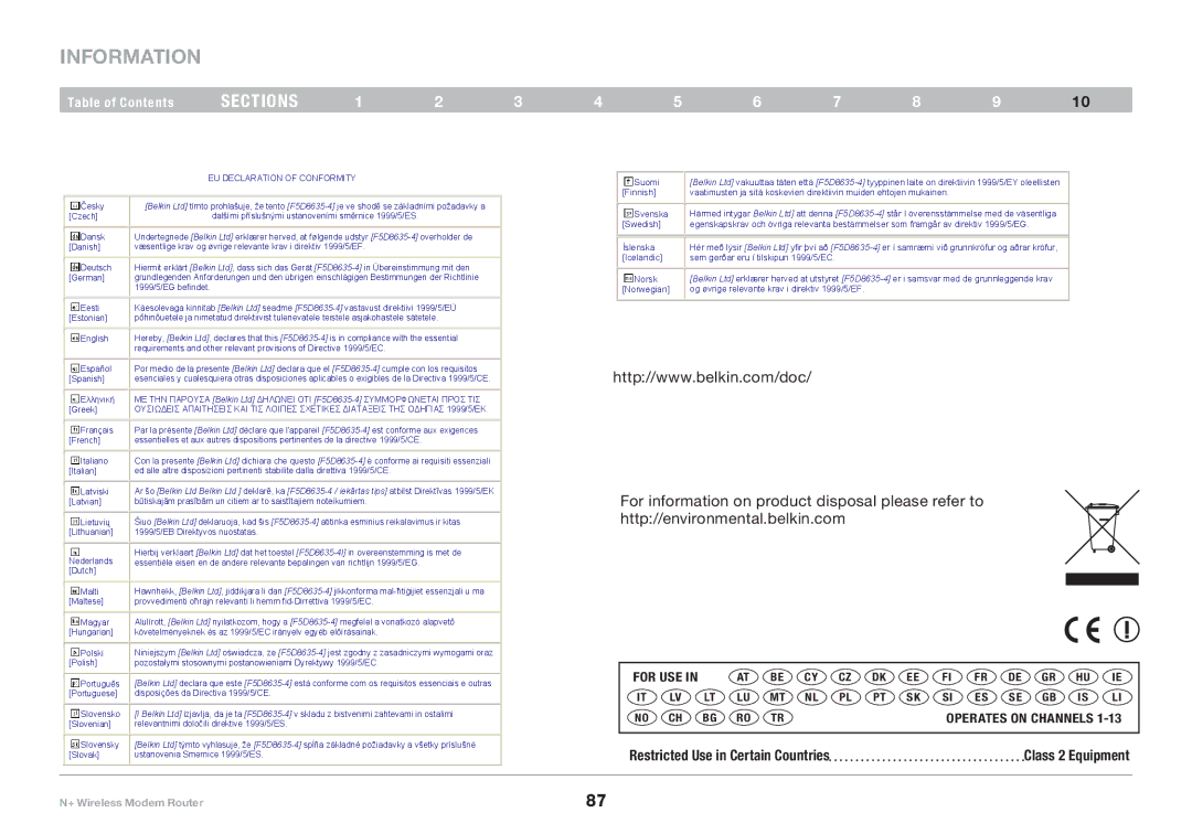 Belkin PM00781EA F5D8635-4 user manual Information, EU Declaration of Conformity 