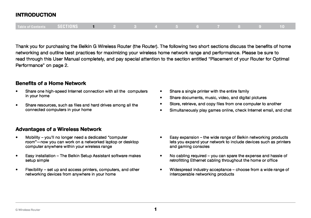 Belkin PM01110-A user manual Introduction, Benefits of a Home Network, Advantages of a Wireless Network, sections 