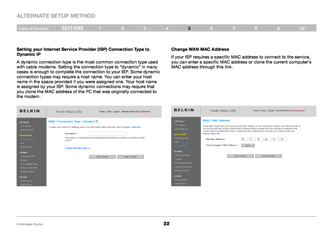 Belkin PM01110-A user manual Alternate Setup Method, sections, Change WAN MAC Address 
