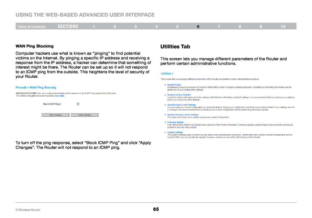 Belkin PM01110-A user manual Using the Web-Based Advanced User Interface, Utilities Tab, sections, WAN Ping Blocking 