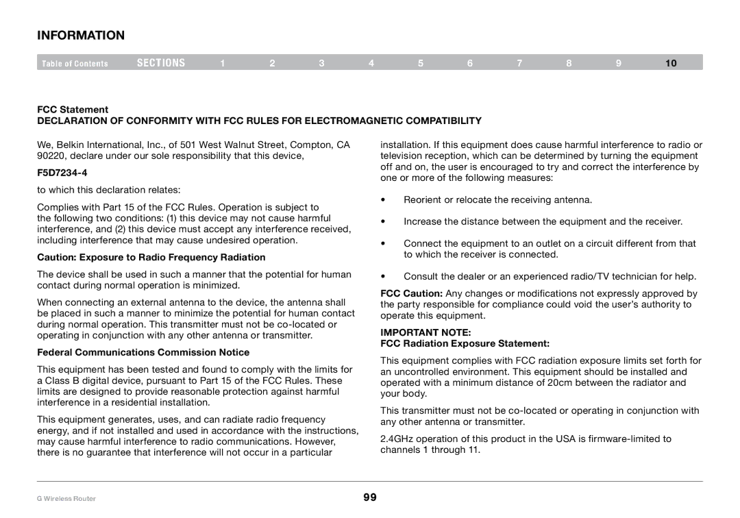 Belkin PM01110-A user manual Information, FCC Statement, F5D7234-4, Federal Communications Commission Notice 