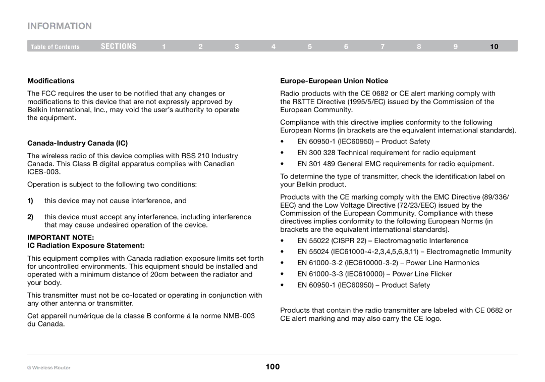 Belkin PM01110-A user manual Information, Modifications, Europe-European Union Notice, Canada-Industry Canada IC 