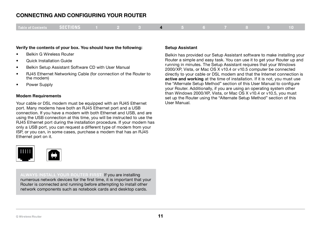 Belkin PM01110-A user manual Connecting and Configuring your Router, Modem Requirements, Setup Assistant 