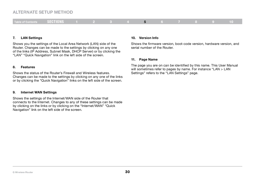 Belkin PM01110-A user manual LAN Settings, Version Info, Name Features, Internet WAN Settings 