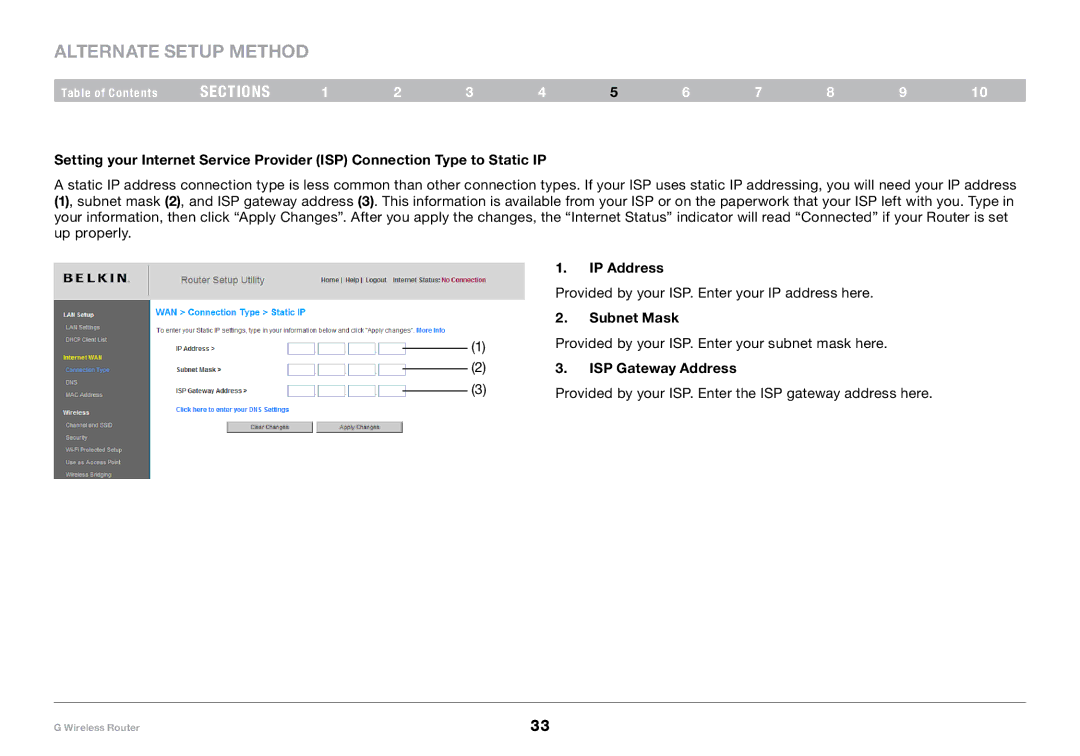 Belkin PM01110-A user manual IP Address, Subnet Mask, ISP Gateway Address 