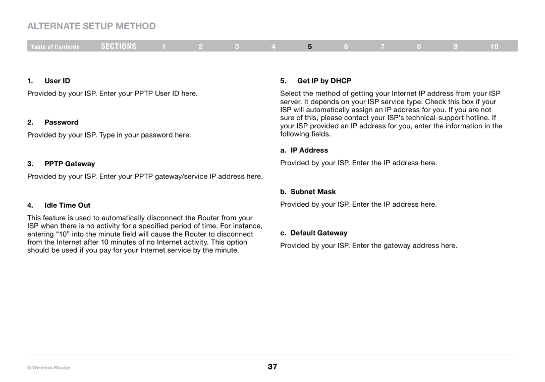 Belkin PM01110-A user manual User ID, Get IP by Dhcp, Default Gateway 