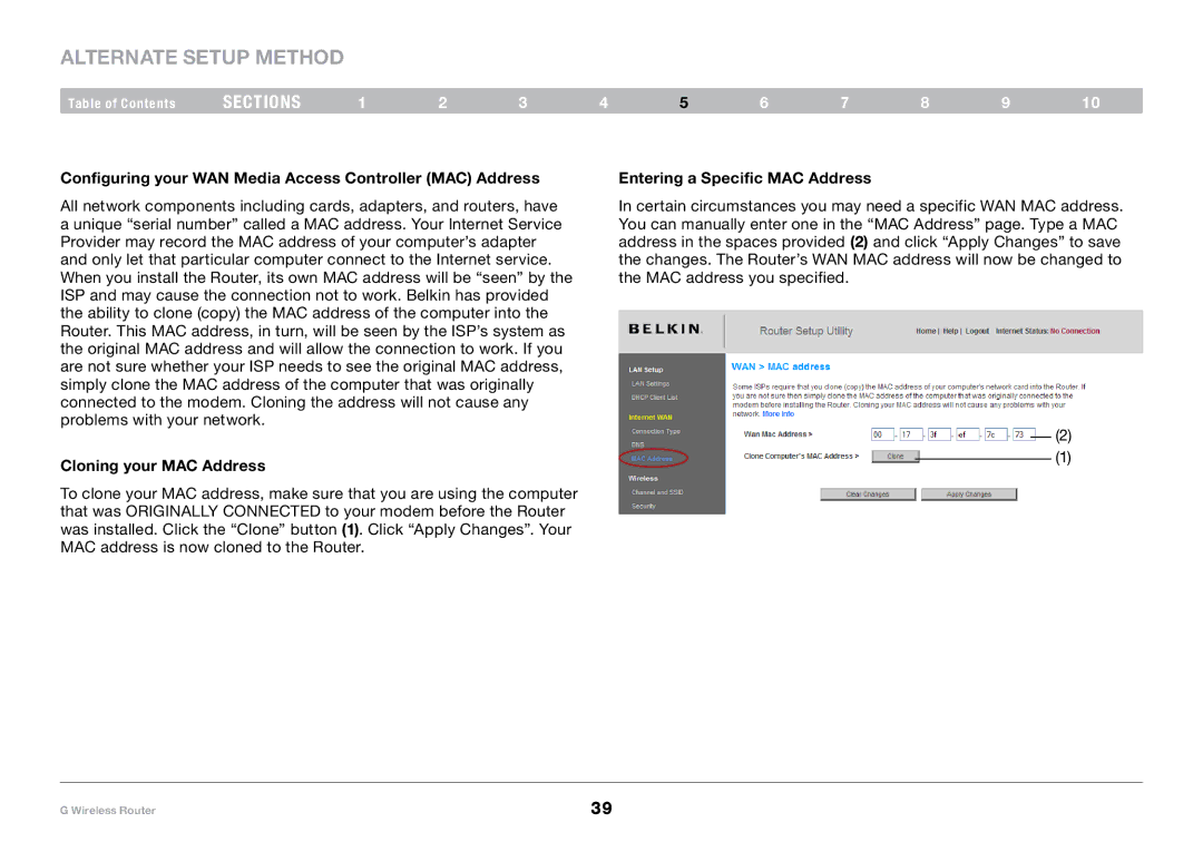 Belkin PM01110-A user manual Configuring your WAN Media Access Controller MAC Address, Cloning your MAC Address 