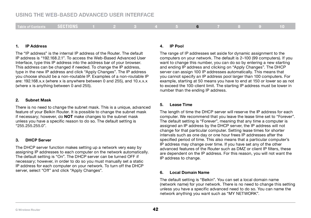 Belkin PM01110-A user manual Using the Web-Based Advanced User Interface, IP Address IP Pool, Dhcp Server, Lease Time 