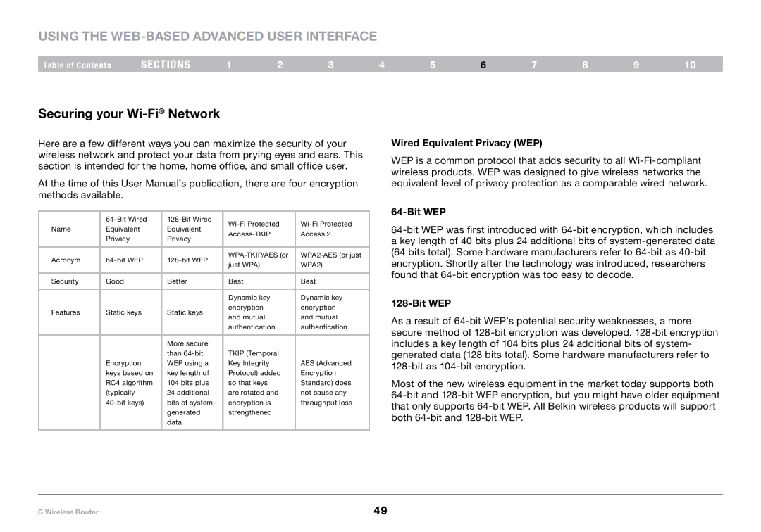 Belkin PM01110-A user manual Securing your Wi-FiNetwork, Wired Equivalent Privacy WEP, Bit WEP 