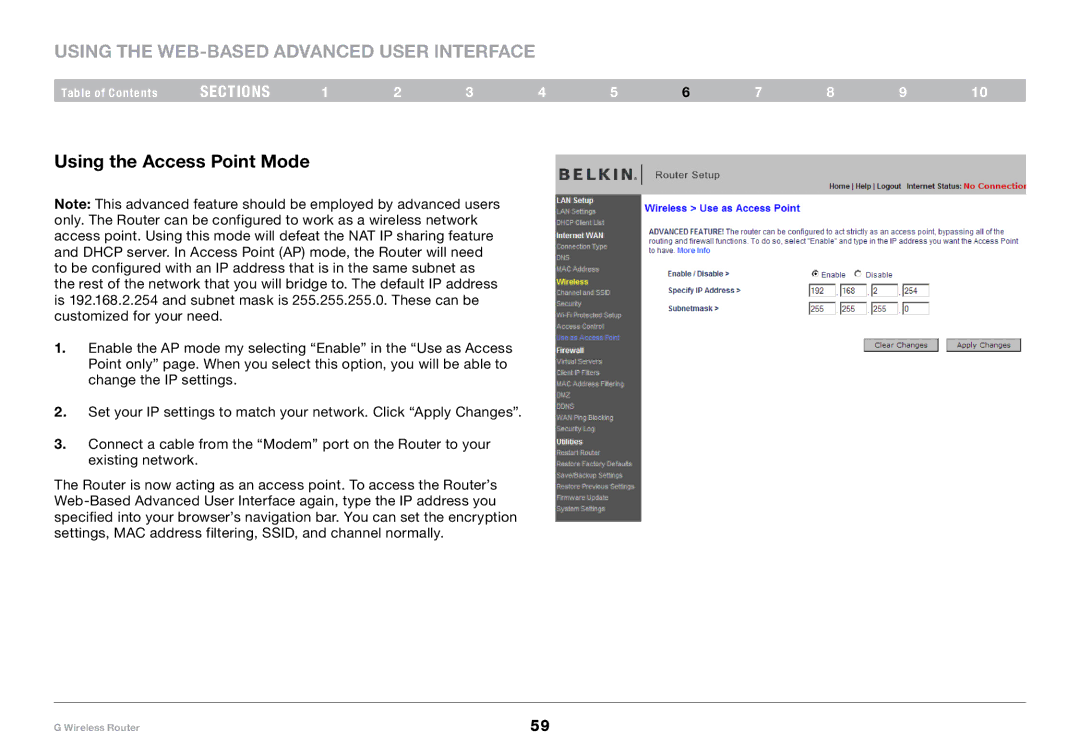 Belkin PM01110-A user manual Using the Access Point Mode 