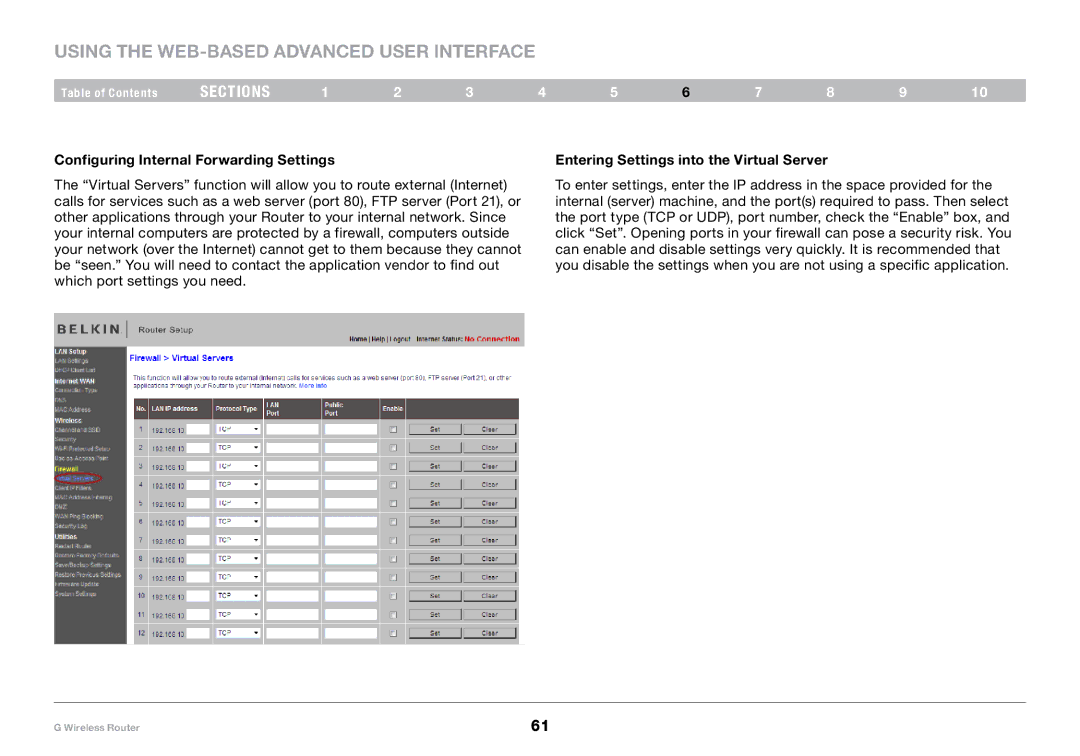 Belkin PM01110-A user manual Configuring Internal Forwarding Settings, Entering Settings into the Virtual Server 