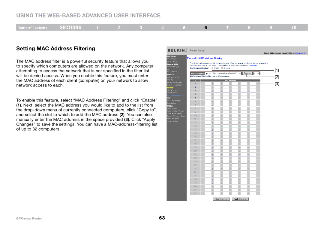 Belkin PM01110-A user manual Setting MAC Address Filtering 