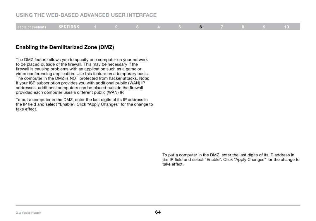 Belkin PM01110-A user manual Enabling the Demilitarized Zone DMZ 