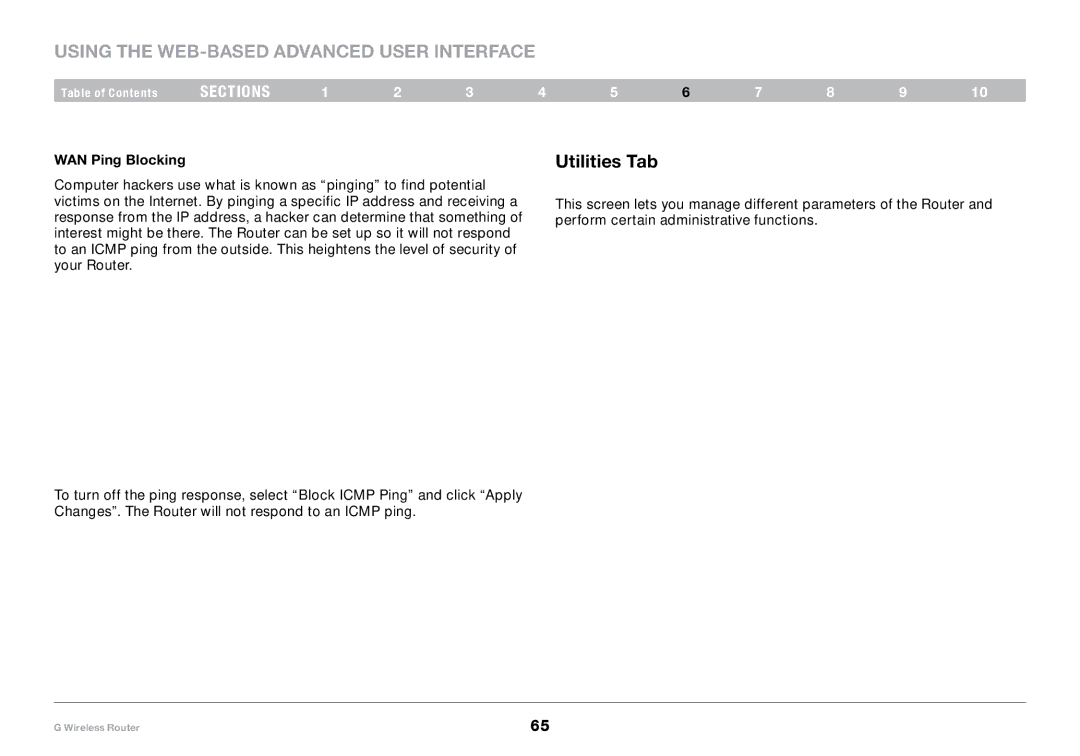 Belkin PM01110-A user manual Utilities Tab, WAN Ping Blocking 