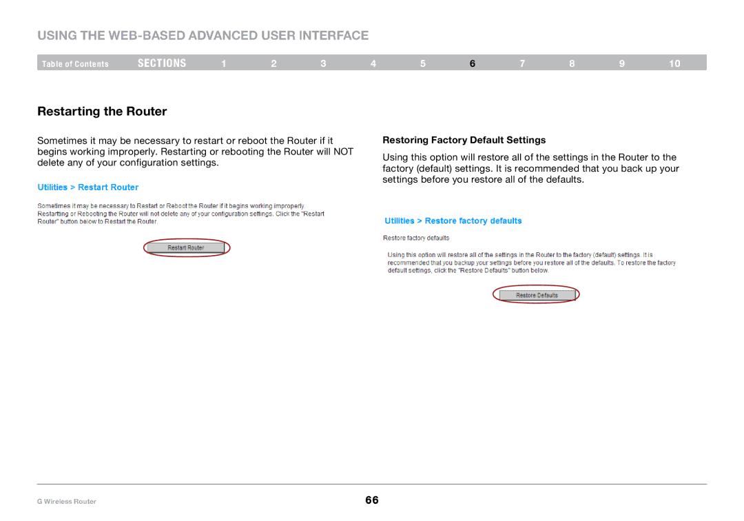 Belkin PM01110-A user manual Restarting the Router, Restoring Factory Default Settings 