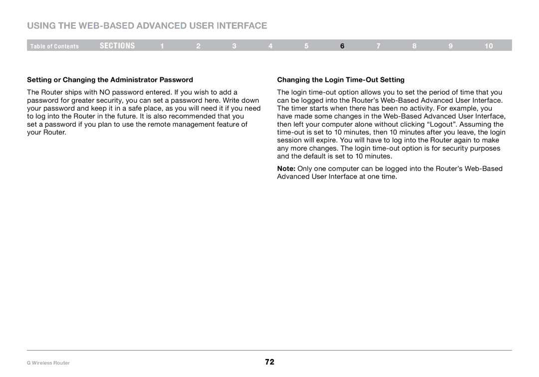 Belkin PM01110-A user manual Setting or Changing the Administrator Password, Changing the Login Time-Out Setting 