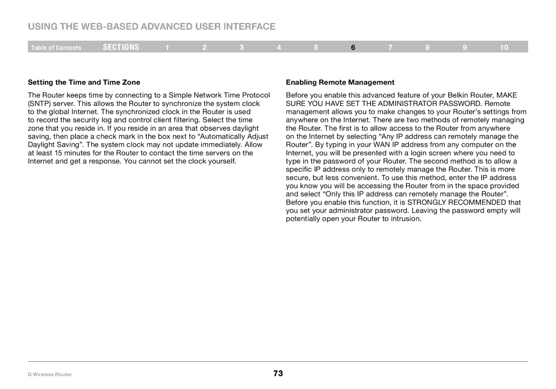 Belkin PM01110-A user manual Setting the Time and Time Zone, Enabling Remote Management 