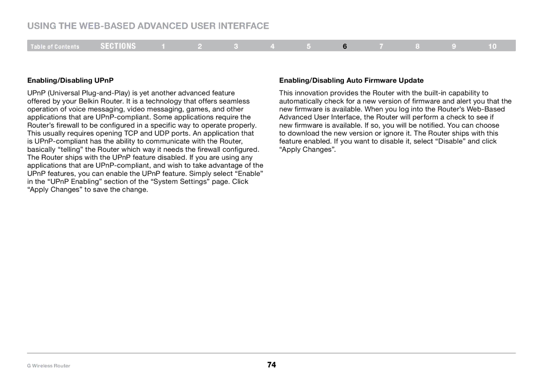 Belkin PM01110-A user manual Enabling/Disabling UPnP, Enabling/Disabling Auto Firmware Update 