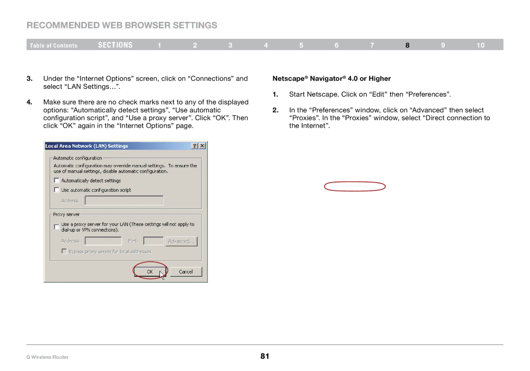 Belkin PM01110-A user manual Recommended Web Browser Settings, Netscape Navigator 4.0 or Higher 