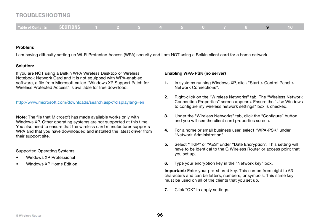 Belkin PM01110-A user manual Enabling WPA-PSK no server 